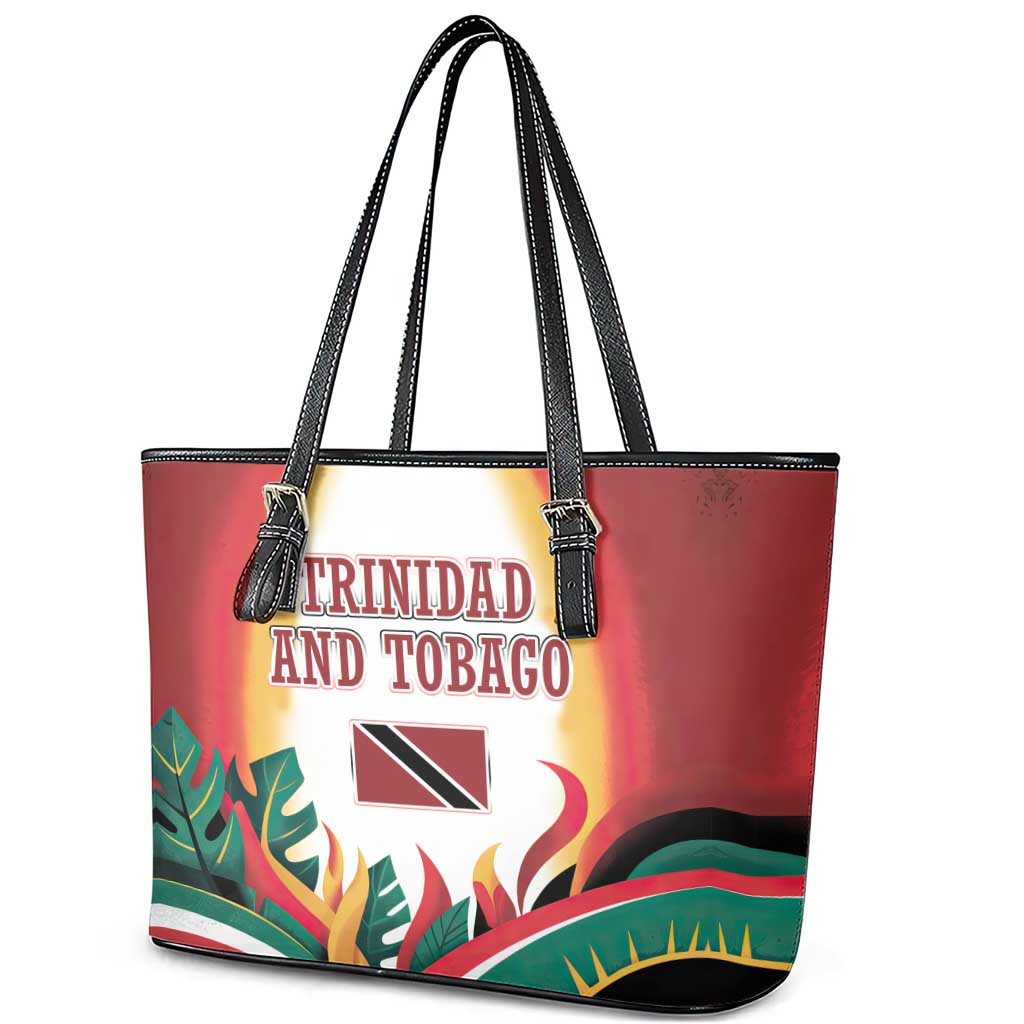 Trinidad and Tobago Scarlet Ibis Leather Tote Bag with Tropical Leaves and National Flag Design TS04