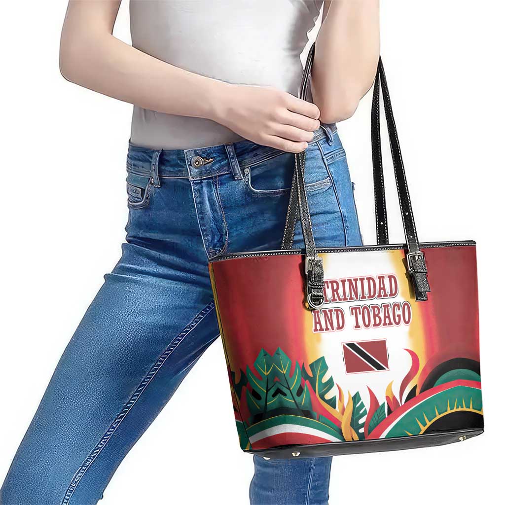 Trinidad and Tobago Scarlet Ibis Leather Tote Bag with Tropical Leaves and National Flag Design TS04