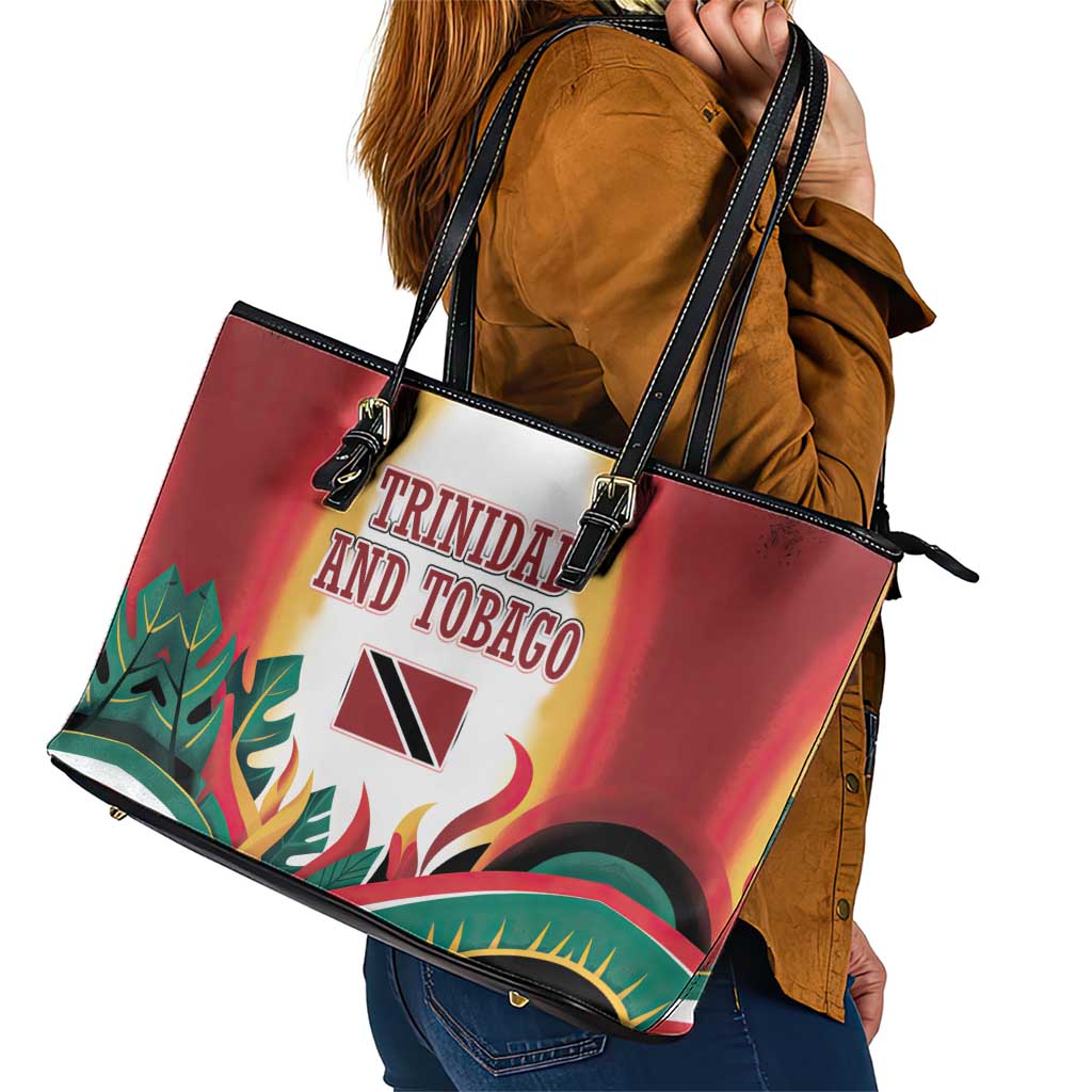 Trinidad and Tobago Scarlet Ibis Leather Tote Bag with Tropical Leaves and National Flag Design TS04
