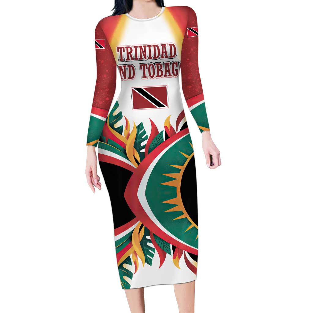 Trinidad and Tobago Scarlet Ibis Long Sleeve Bodycon Dress with Tropical Leaves and National Flag Design TS04
