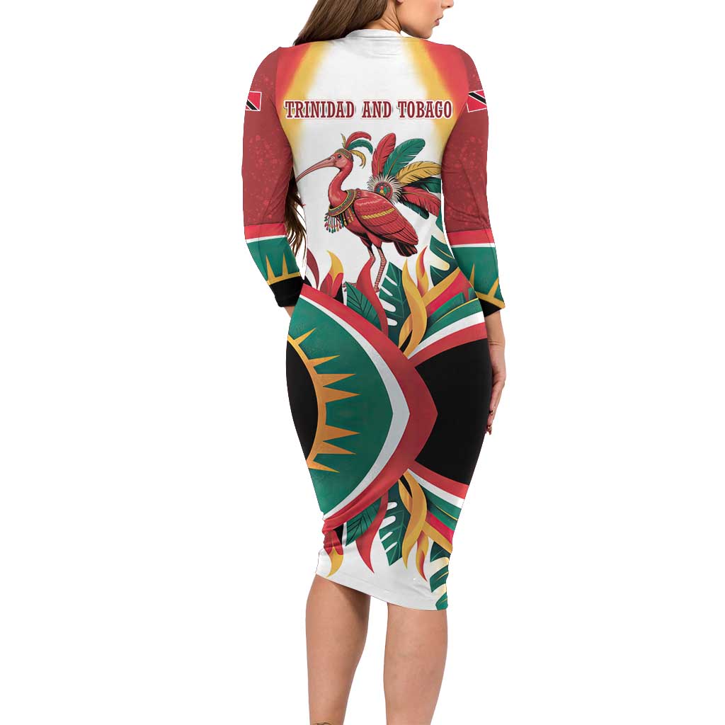 Trinidad and Tobago Scarlet Ibis Long Sleeve Bodycon Dress with Tropical Leaves and National Flag Design TS04