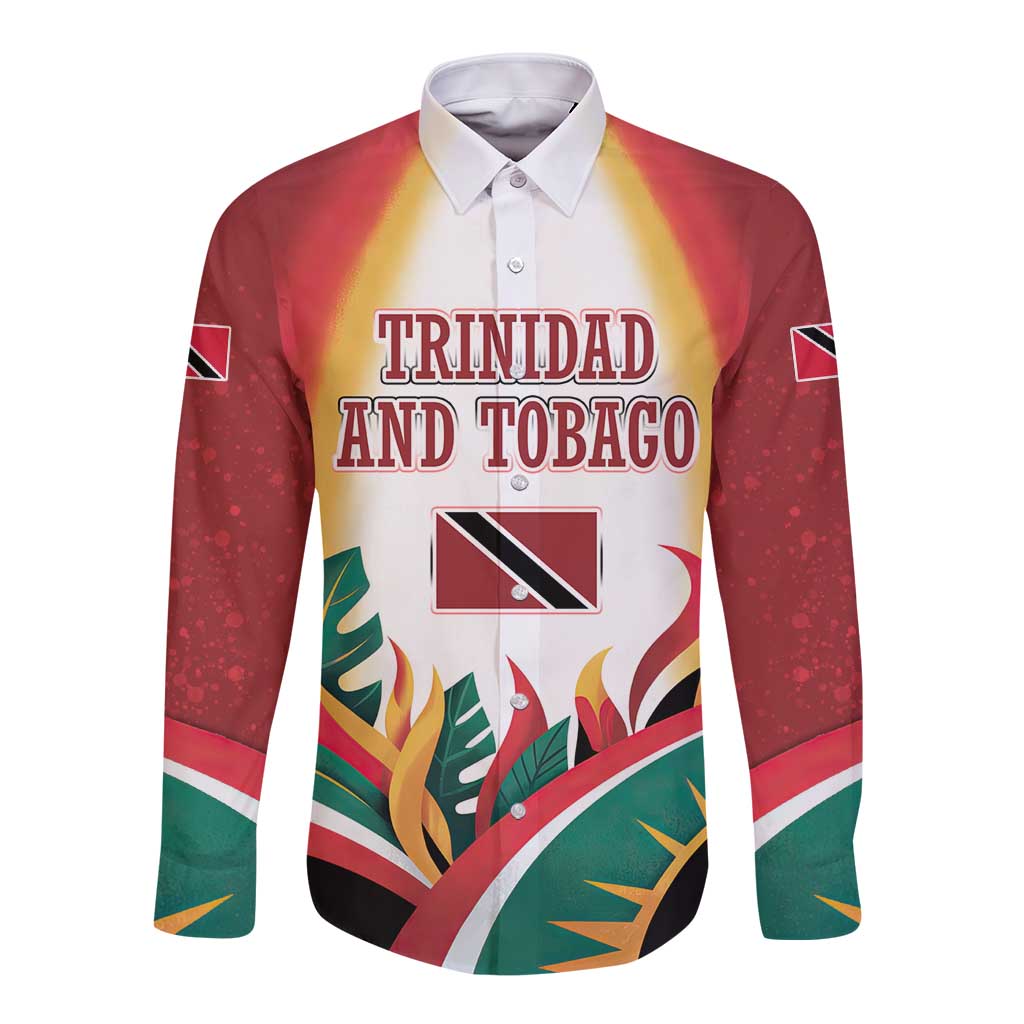 Trinidad and Tobago Scarlet Ibis Long Sleeve Button Shirt with Tropical Leaves and National Flag Design TS04