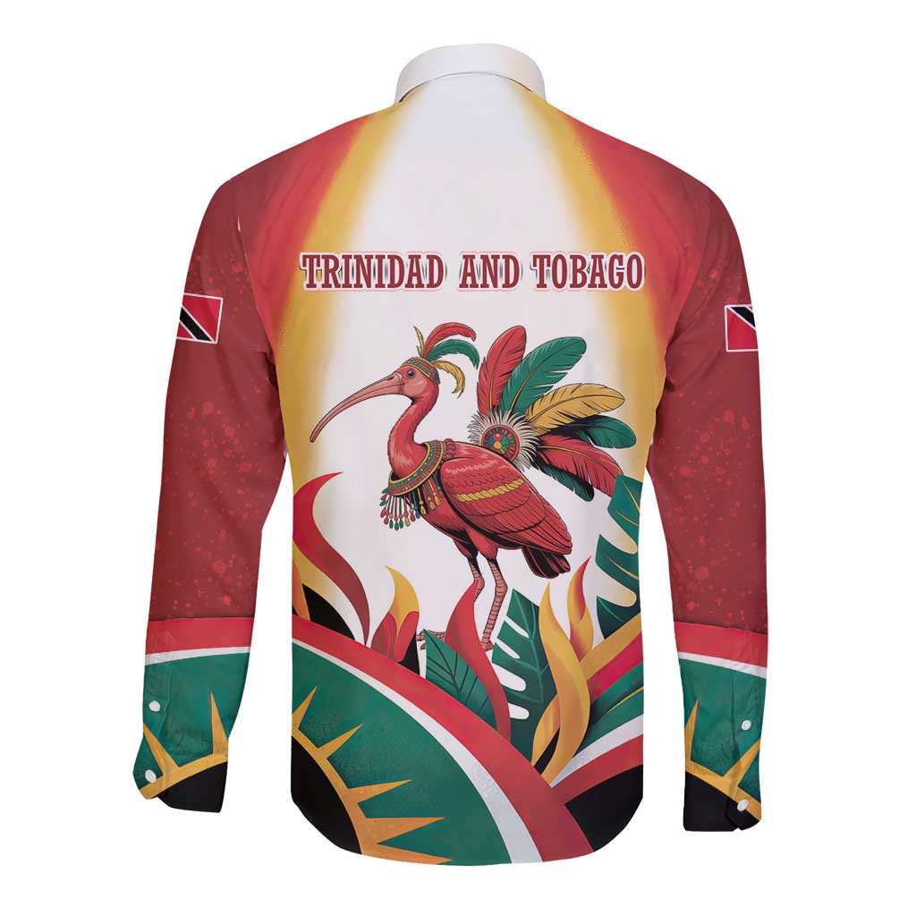 Trinidad and Tobago Scarlet Ibis Long Sleeve Button Shirt with Tropical Leaves and National Flag Design TS04