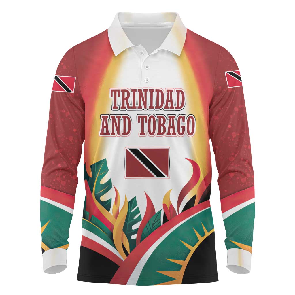 Trinidad and Tobago Scarlet Ibis Long Sleeve Polo Shirt with Tropical Leaves and National Flag Design TS04