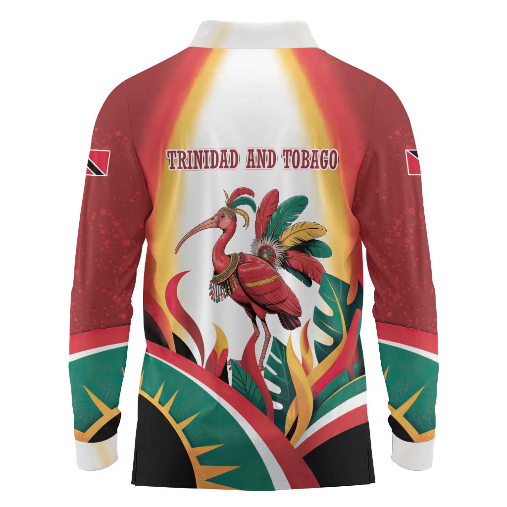 Trinidad and Tobago Scarlet Ibis Long Sleeve Polo Shirt with Tropical Leaves and National Flag Design TS04