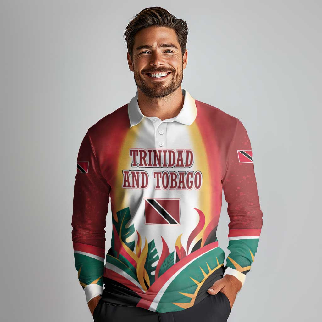 Trinidad and Tobago Scarlet Ibis Long Sleeve Polo Shirt with Tropical Leaves and National Flag Design TS04