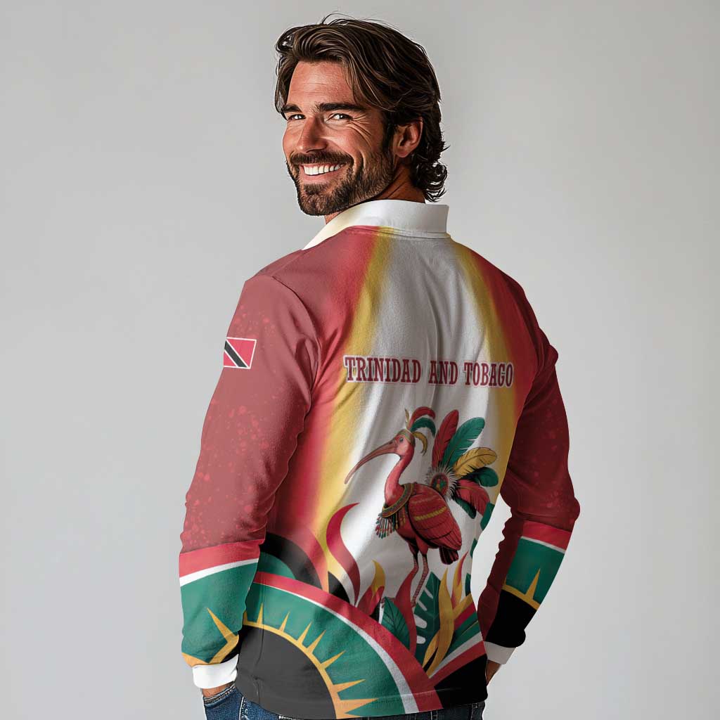 Trinidad and Tobago Scarlet Ibis Long Sleeve Polo Shirt with Tropical Leaves and National Flag Design TS04