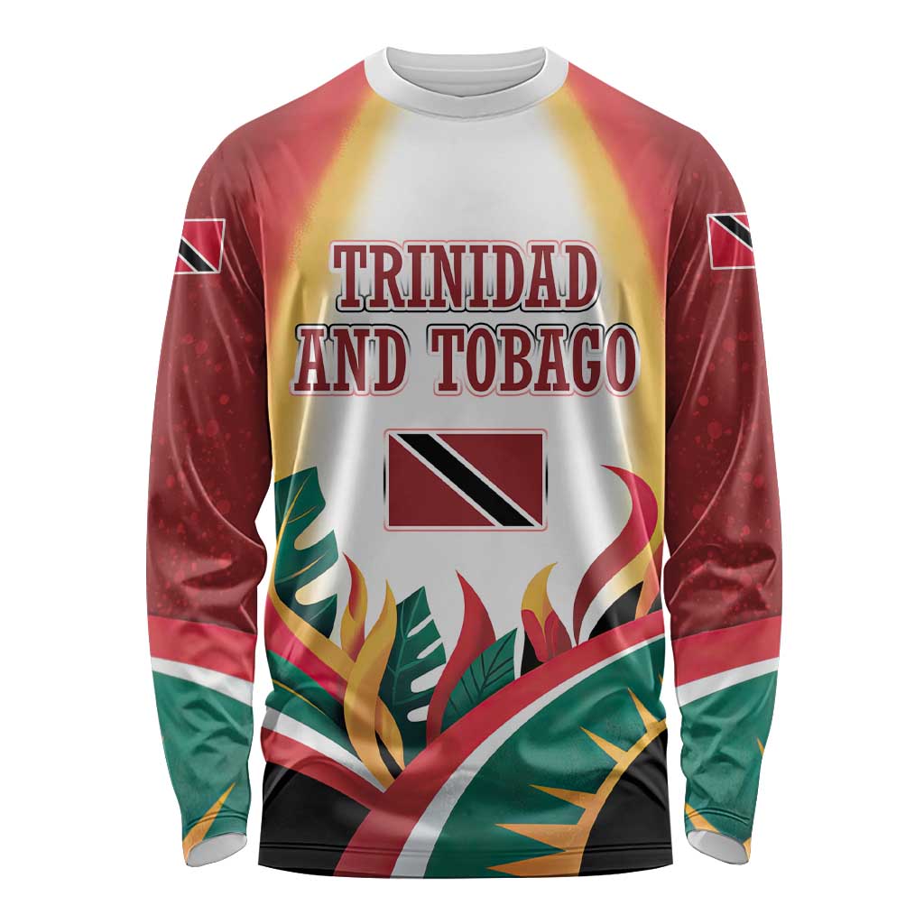 Trinidad and Tobago Scarlet Ibis Long Sleeve Shirt with Tropical Leaves and National Flag Design TS04
