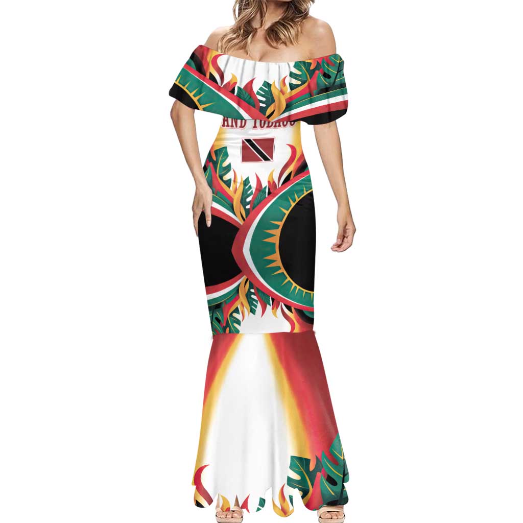 Trinidad and Tobago Scarlet Ibis Mermaid Dress with Tropical Leaves and National Flag Design TS04