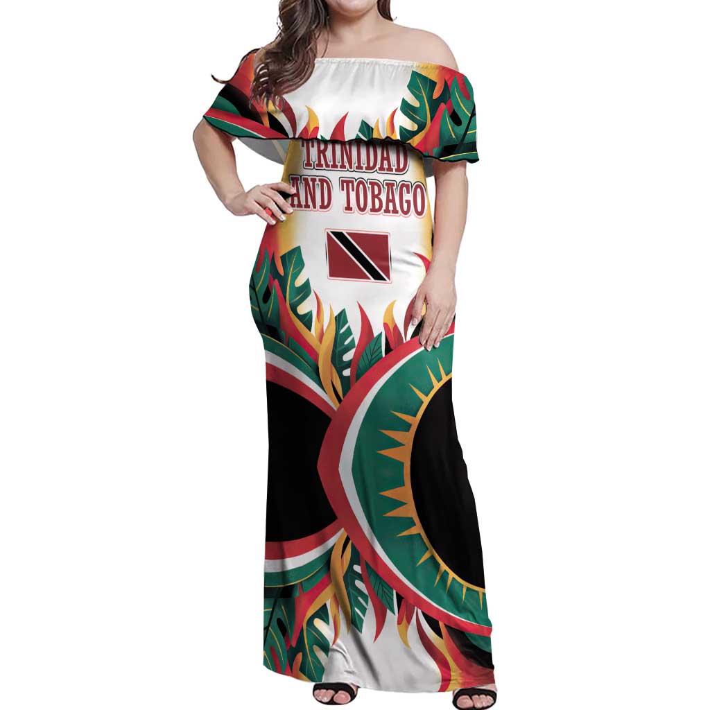 Trinidad and Tobago Scarlet Ibis Off Shoulder Maxi Dress with Tropical Leaves and National Flag Design TS04