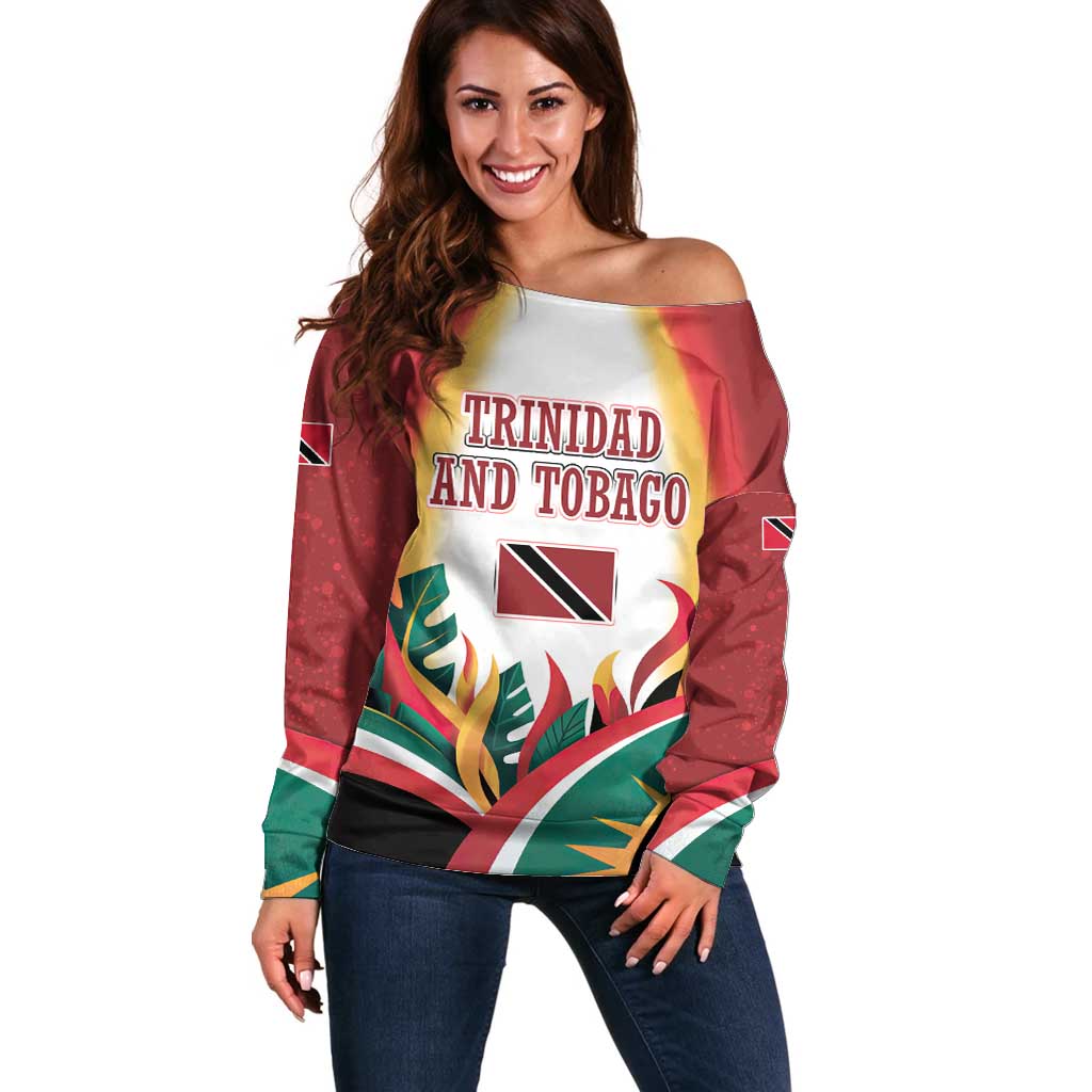 Trinidad and Tobago Scarlet Ibis Off Shoulder Sweater with Tropical Leaves and National Flag Design TS04