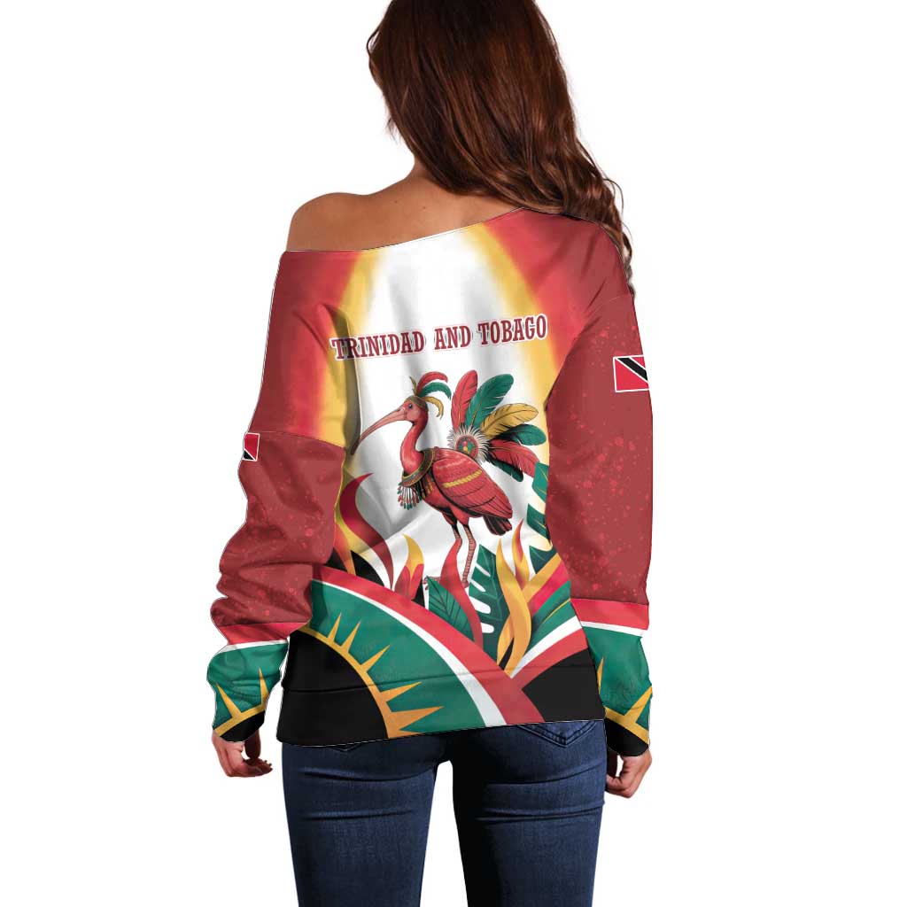 Trinidad and Tobago Scarlet Ibis Off Shoulder Sweater with Tropical Leaves and National Flag Design TS04