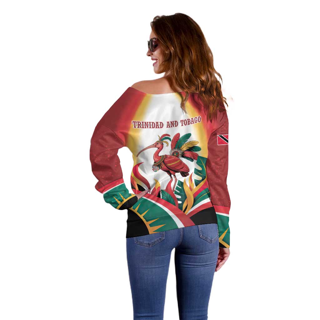 Trinidad and Tobago Scarlet Ibis Off Shoulder Sweater with Tropical Leaves and National Flag Design TS04