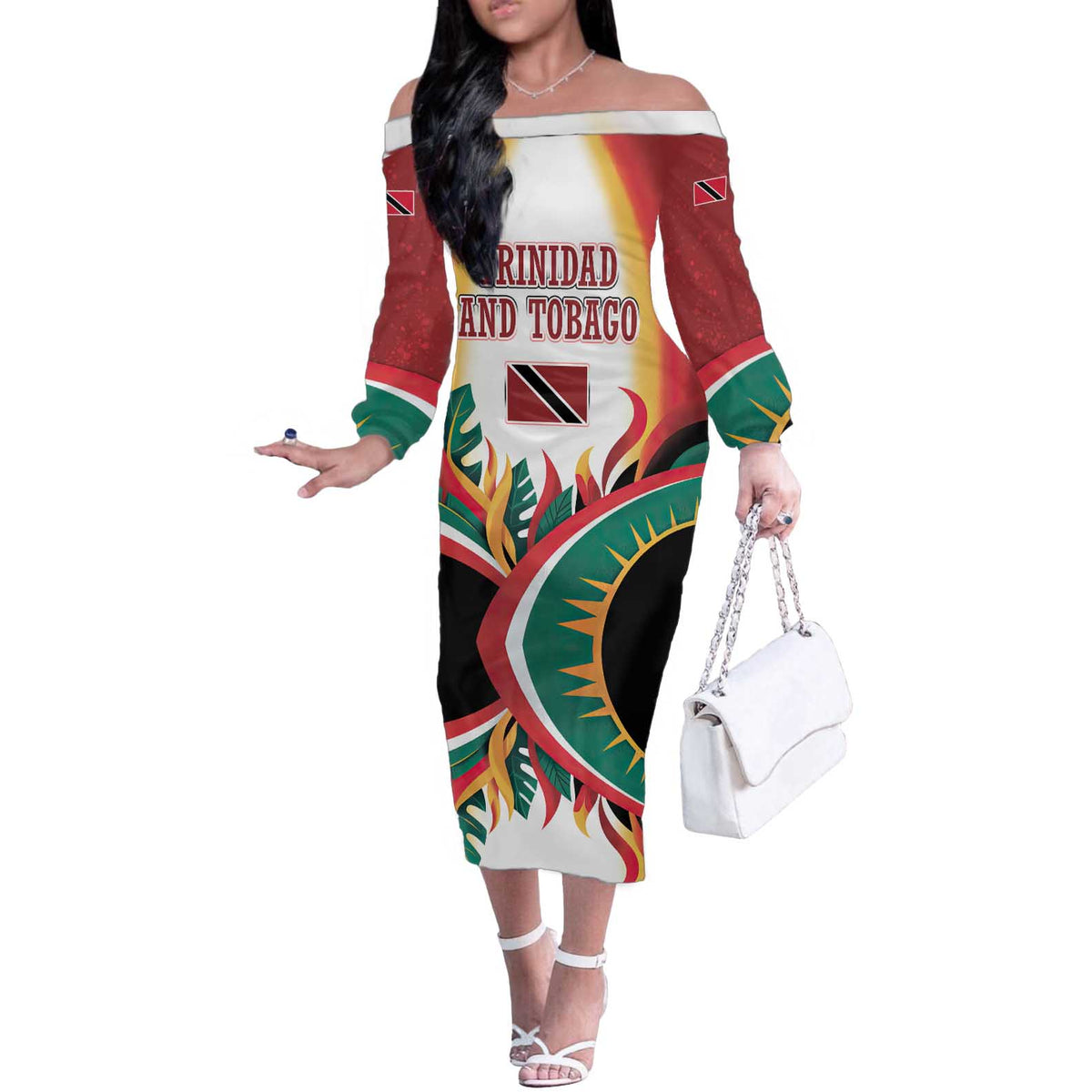 Trinidad and Tobago Scarlet Ibis Off The Shoulder Long Sleeve Dress with Tropical Leaves and National Flag Design TS04