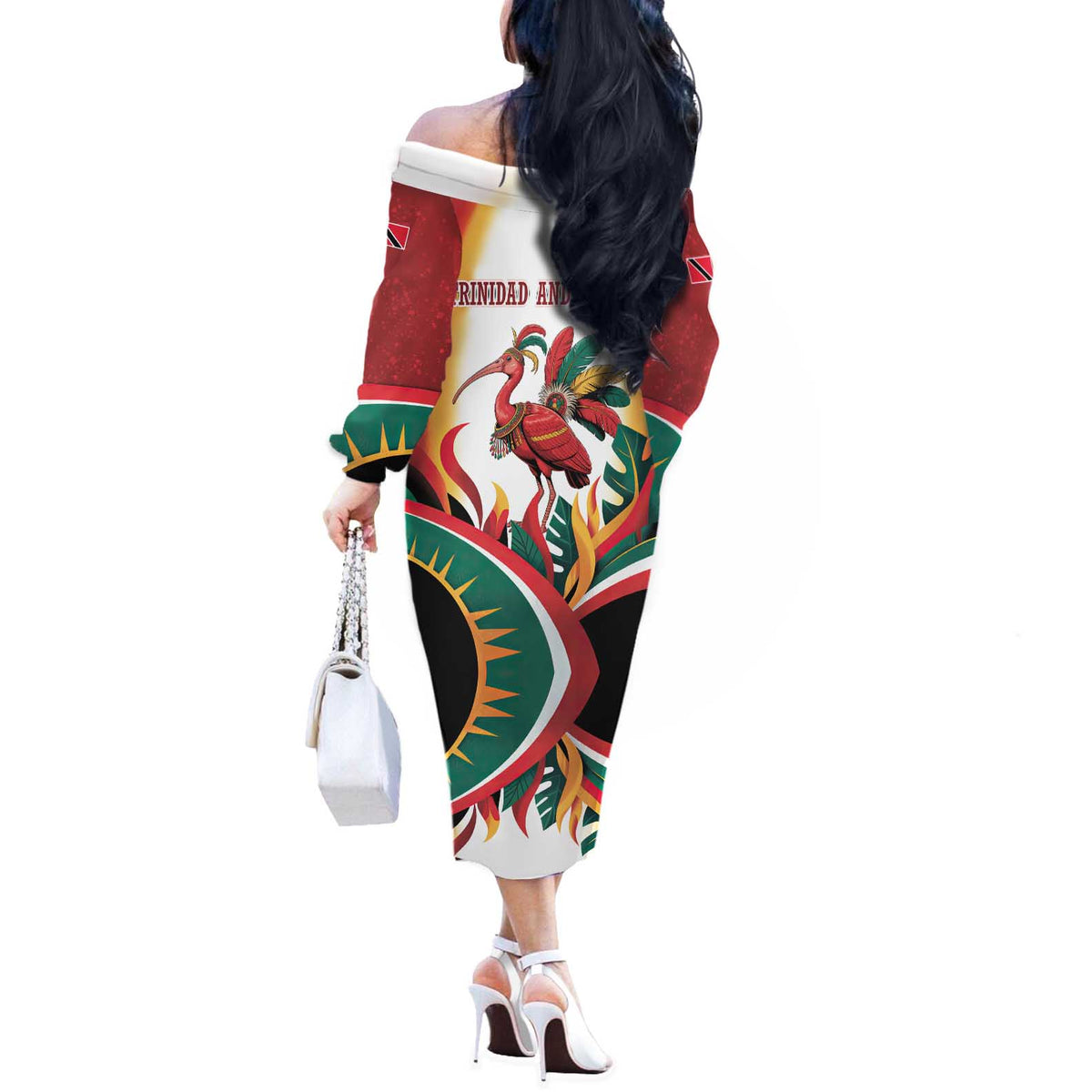 Trinidad and Tobago Scarlet Ibis Off The Shoulder Long Sleeve Dress with Tropical Leaves and National Flag Design TS04