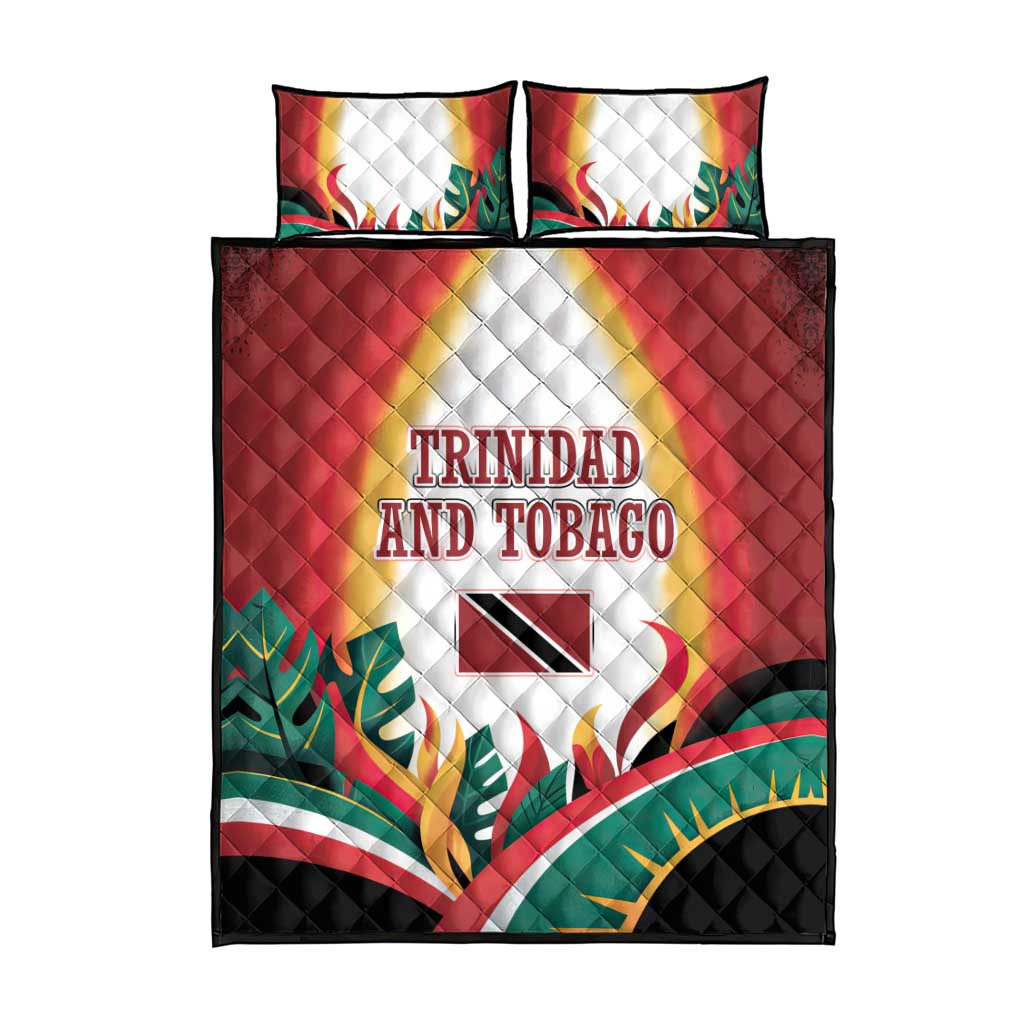 Trinidad and Tobago Scarlet Ibis Quilt Bed Set with Tropical Leaves and National Flag Design TS04