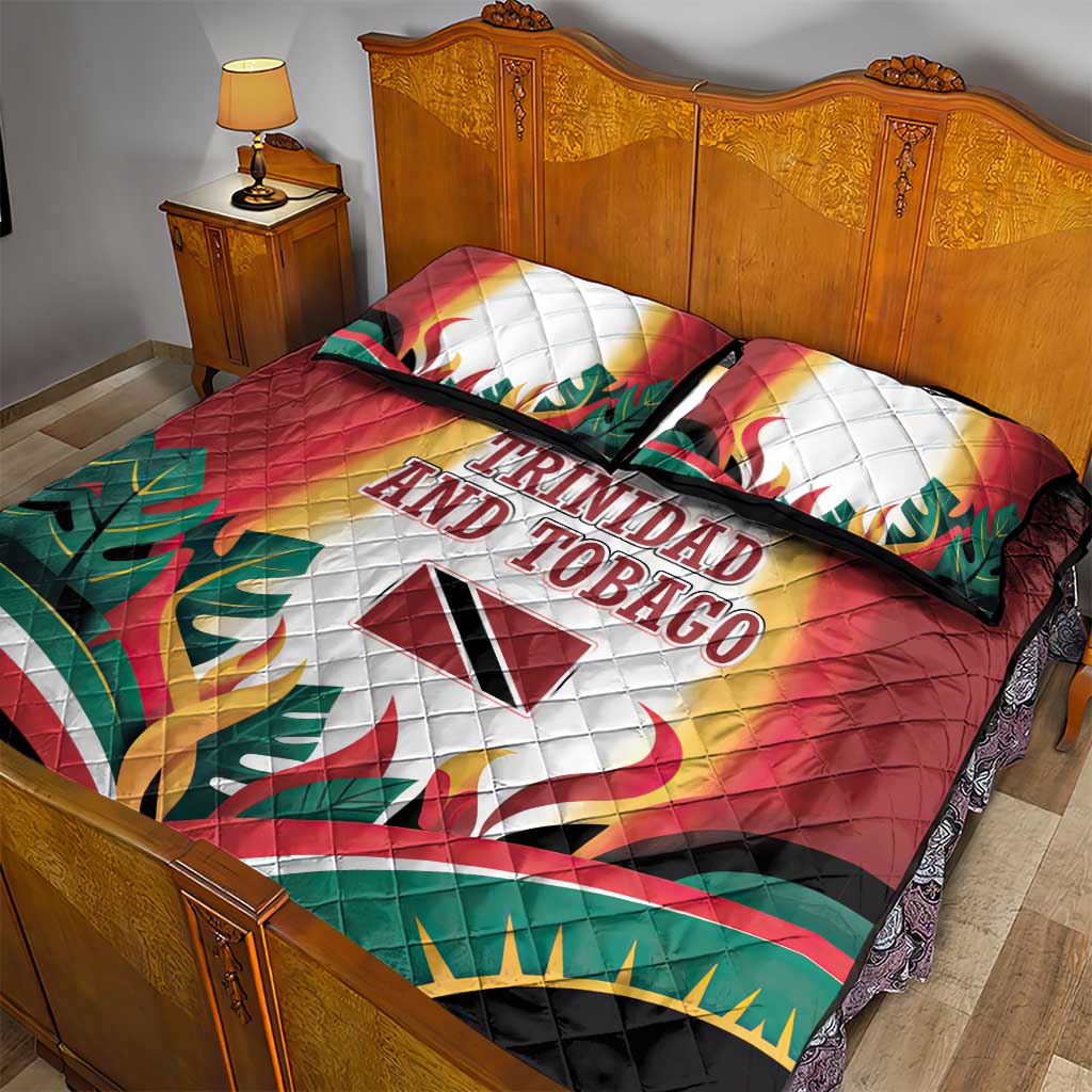 Trinidad and Tobago Scarlet Ibis Quilt Bed Set with Tropical Leaves and National Flag Design TS04