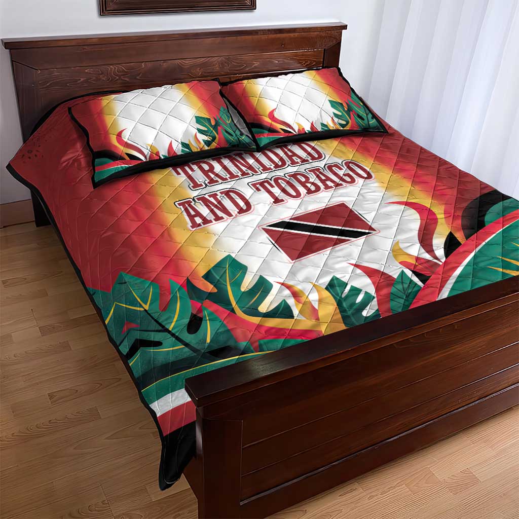 Trinidad and Tobago Scarlet Ibis Quilt Bed Set with Tropical Leaves and National Flag Design TS04