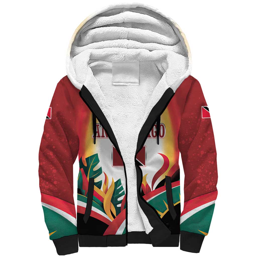 Trinidad and Tobago Scarlet Ibis Sherpa Hoodie with Tropical Leaves and National Flag Design TS04