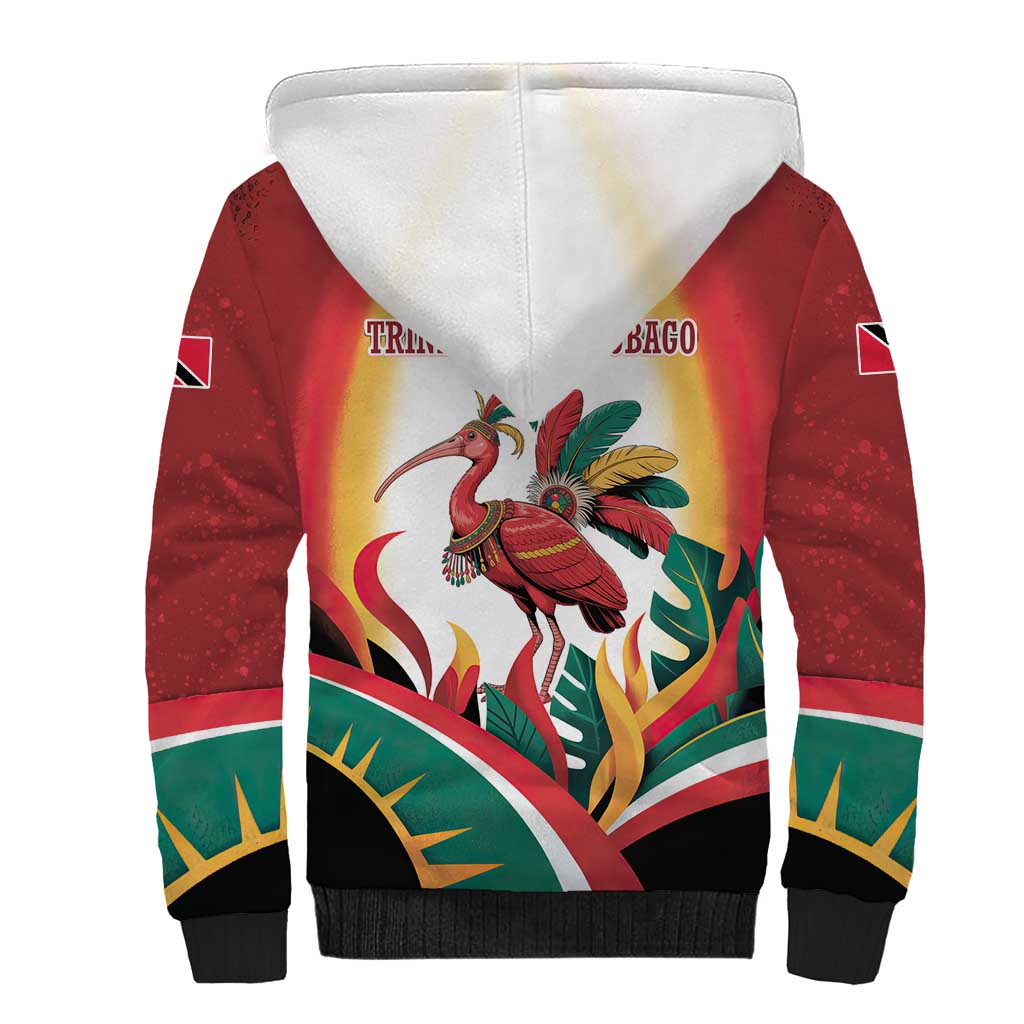 Trinidad and Tobago Scarlet Ibis Sherpa Hoodie with Tropical Leaves and National Flag Design TS04