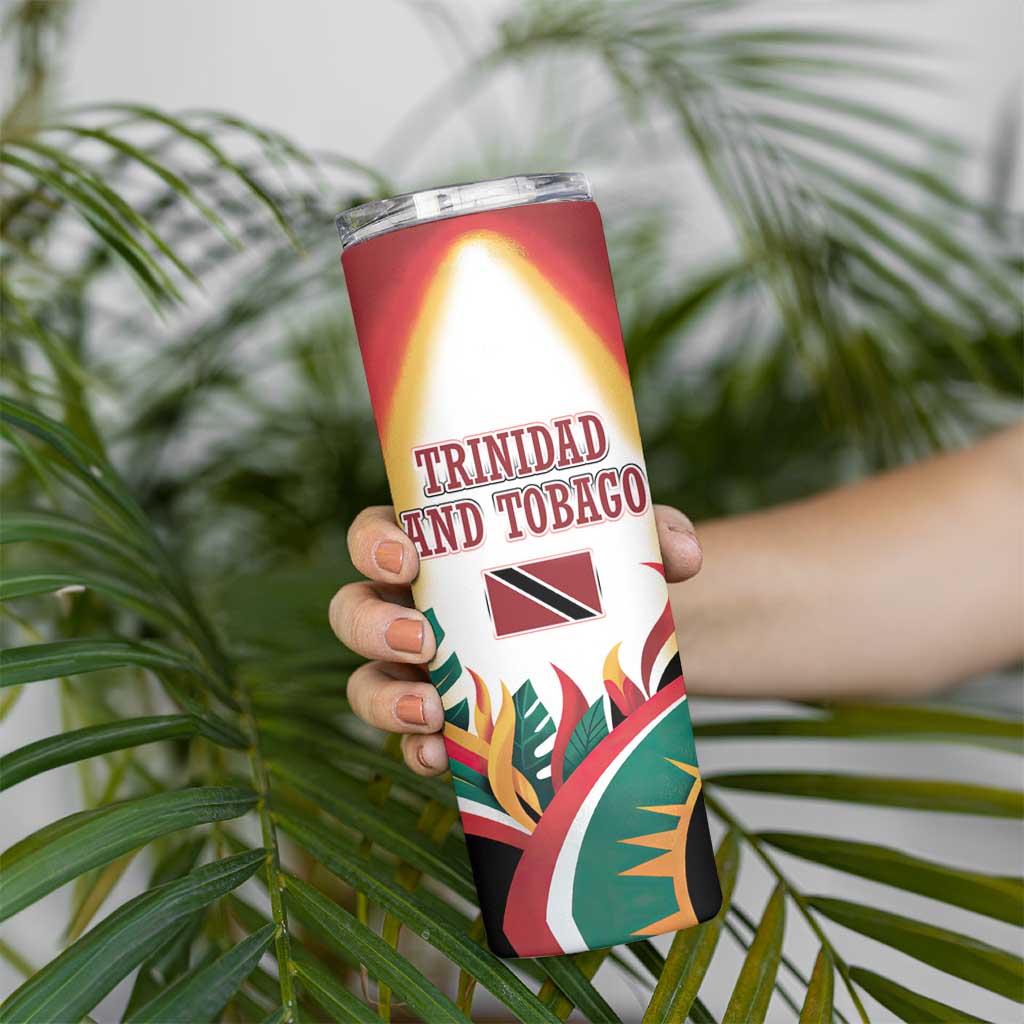 Trinidad and Tobago Scarlet Ibis Skinny Tumbler with Tropical Leaves and National Flag Design TS04