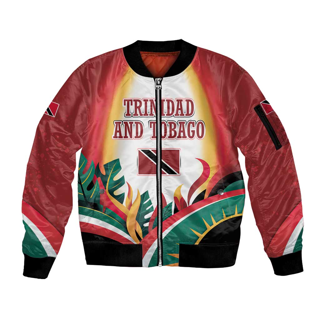Trinidad and Tobago Scarlet Ibis Sleeve Zip Bomber Jacket with Tropical Leaves and National Flag Design TS04