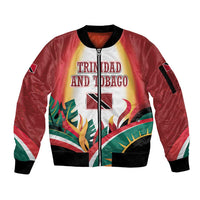 Trinidad and Tobago Scarlet Ibis Sleeve Zip Bomber Jacket with Tropical Leaves and National Flag Design TS04