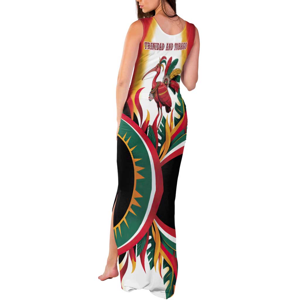 Trinidad and Tobago Scarlet Ibis Tank Maxi Dress with Tropical Leaves and National Flag Design TS04