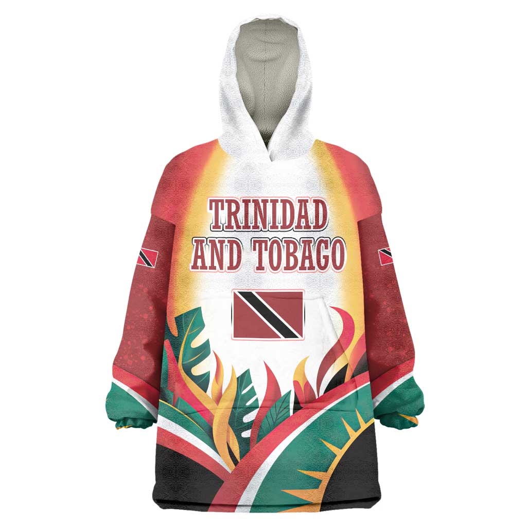 Trinidad and Tobago Scarlet Ibis Wearable Blanket Hoodie with Tropical Leaves and National Flag Design TS04