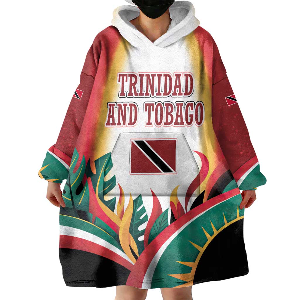 Trinidad and Tobago Scarlet Ibis Wearable Blanket Hoodie with Tropical Leaves and National Flag Design TS04