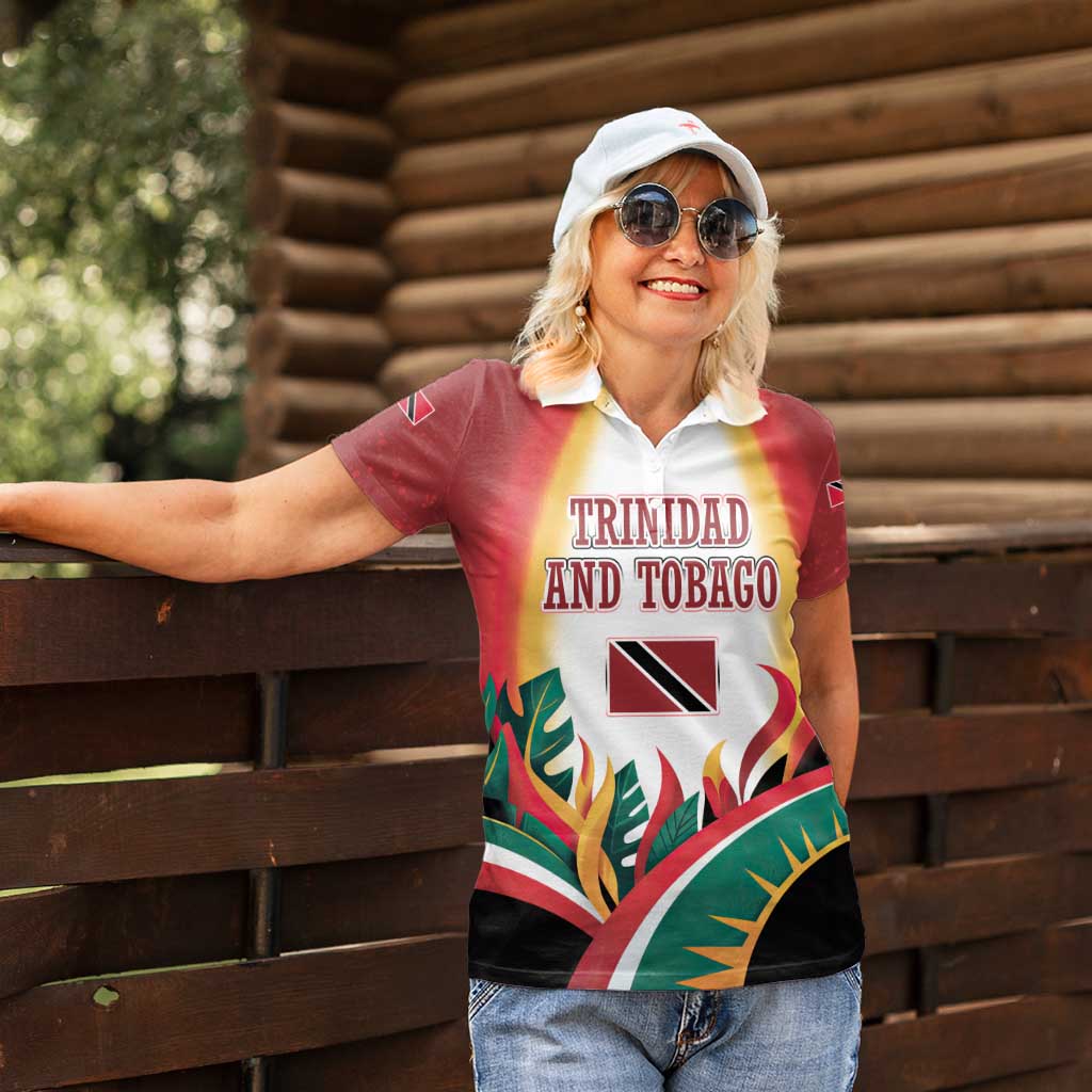 Trinidad and Tobago Scarlet Ibis Women Polo Shirt with Tropical Leaves and National Flag Design TS04