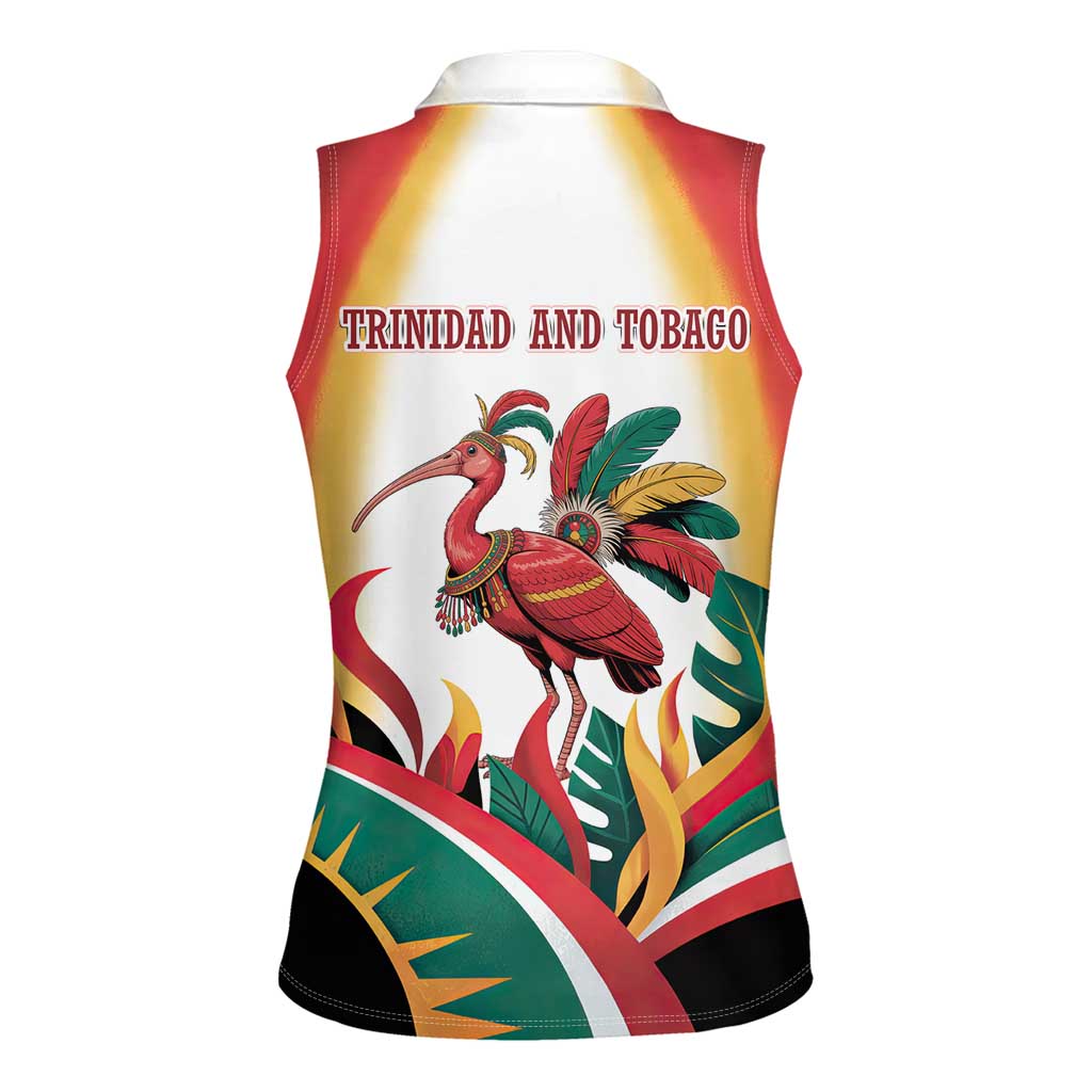 Trinidad and Tobago Scarlet Ibis Women Sleeveless Polo Shirt with Tropical Leaves and National Flag Design TS04