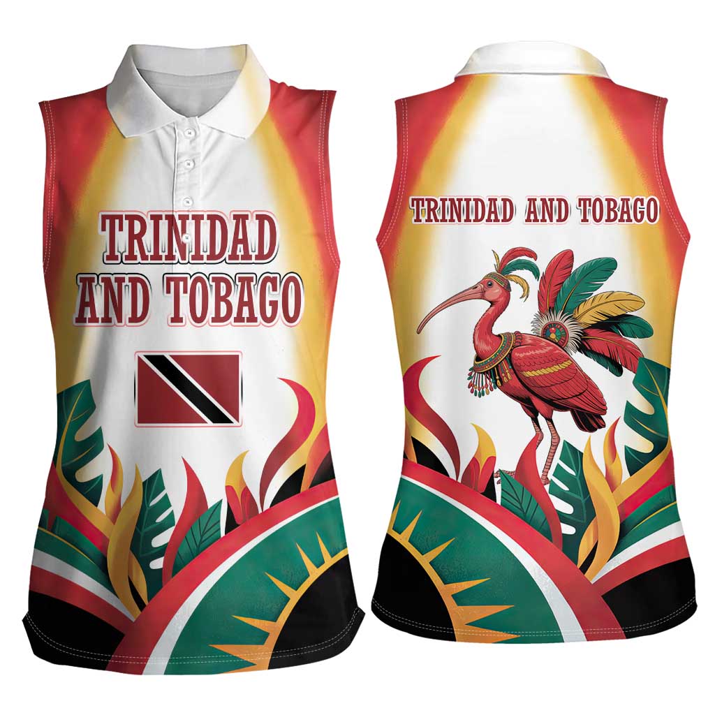 Trinidad and Tobago Scarlet Ibis Women Sleeveless Polo Shirt with Tropical Leaves and National Flag Design TS04