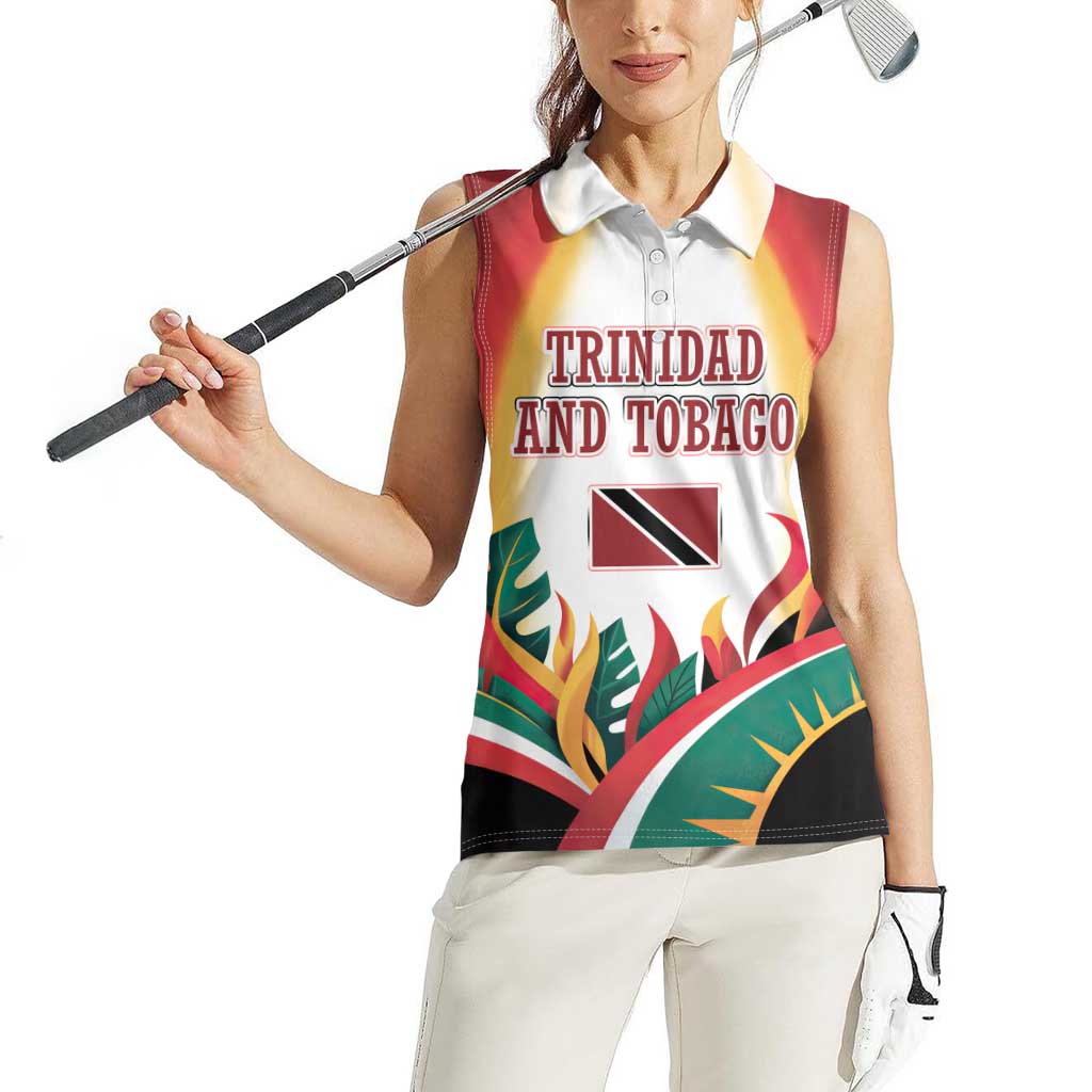 Trinidad and Tobago Scarlet Ibis Women Sleeveless Polo Shirt with Tropical Leaves and National Flag Design TS04