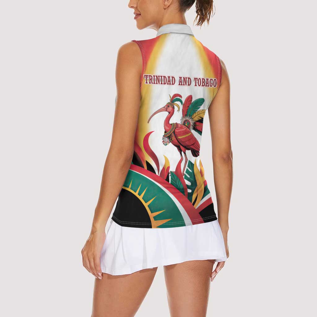 Trinidad and Tobago Scarlet Ibis Women Sleeveless Polo Shirt with Tropical Leaves and National Flag Design TS04