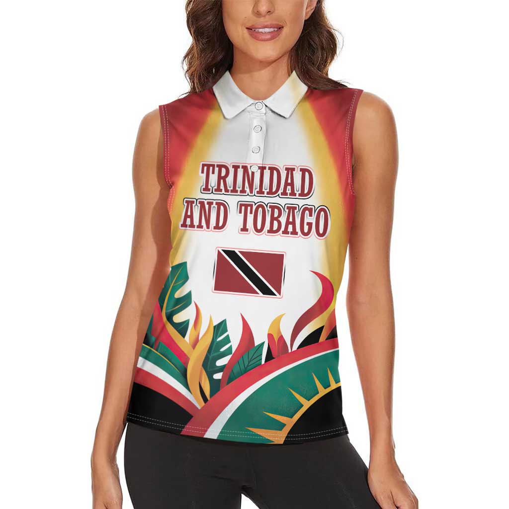 Trinidad and Tobago Scarlet Ibis Women Sleeveless Polo Shirt with Tropical Leaves and National Flag Design TS04