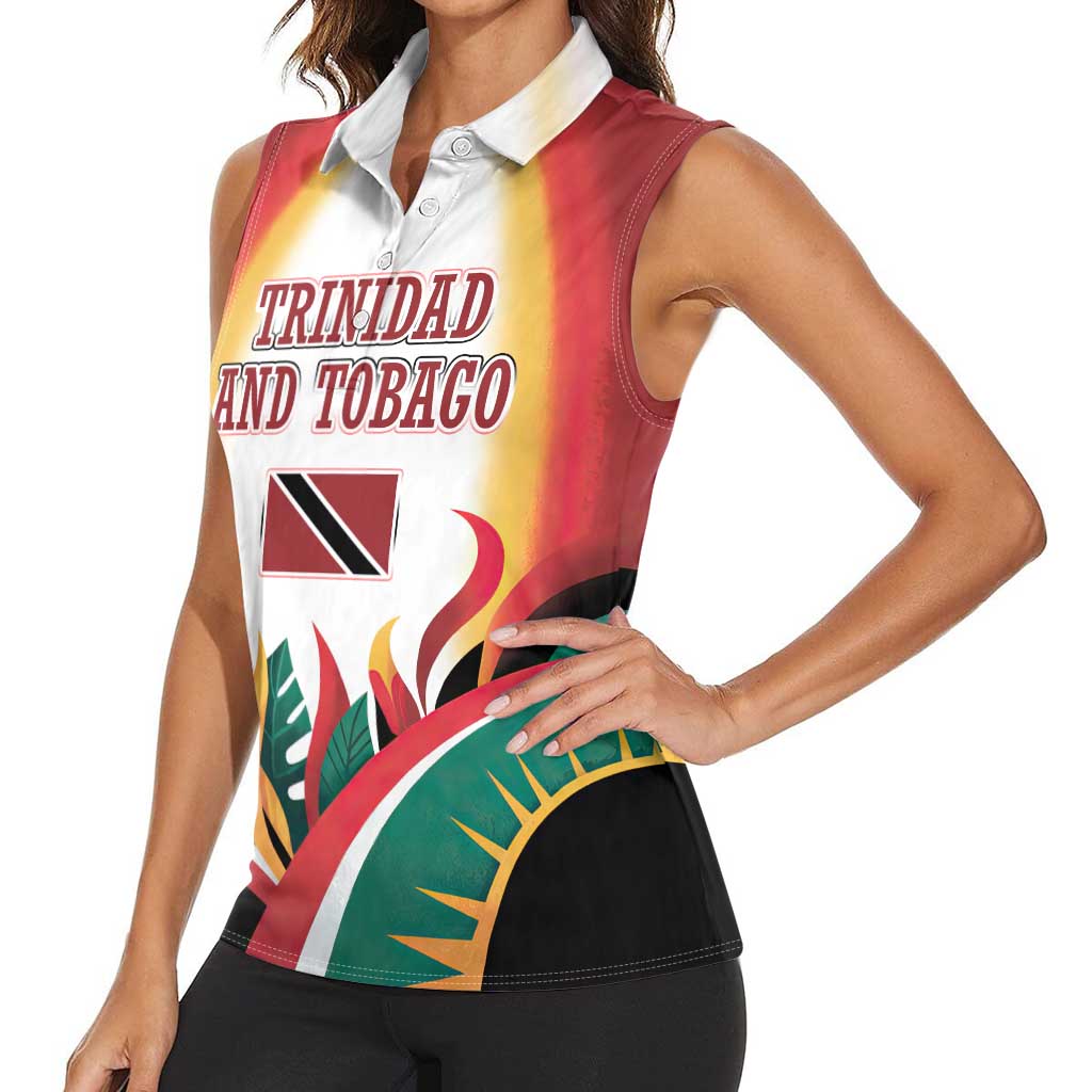 Trinidad and Tobago Scarlet Ibis Women Sleeveless Polo Shirt with Tropical Leaves and National Flag Design TS04