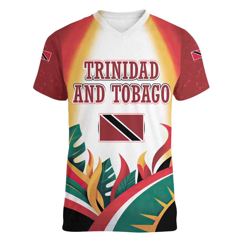 Trinidad and Tobago Scarlet Ibis Women V-Neck T-Shirt with Tropical Leaves and National Flag Design TS04