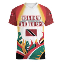 Trinidad and Tobago Scarlet Ibis Women V-Neck T-Shirt with Tropical Leaves and National Flag Design TS04