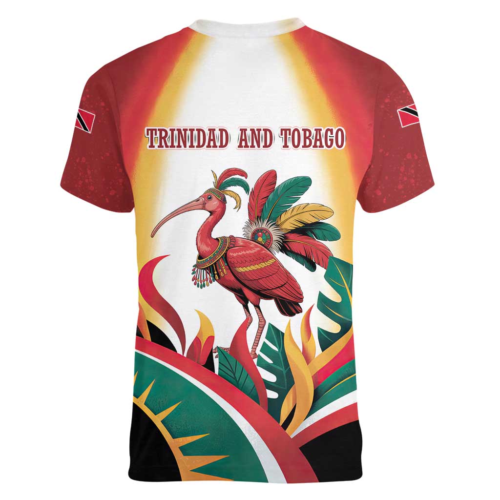 Trinidad and Tobago Scarlet Ibis Women V-Neck T-Shirt with Tropical Leaves and National Flag Design TS04