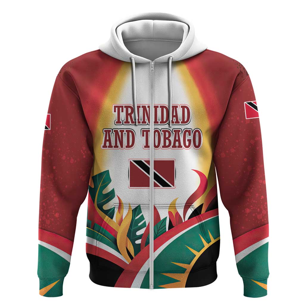 Trinidad and Tobago Scarlet Ibis Zip Hoodie with Tropical Leaves and National Flag Design TS04