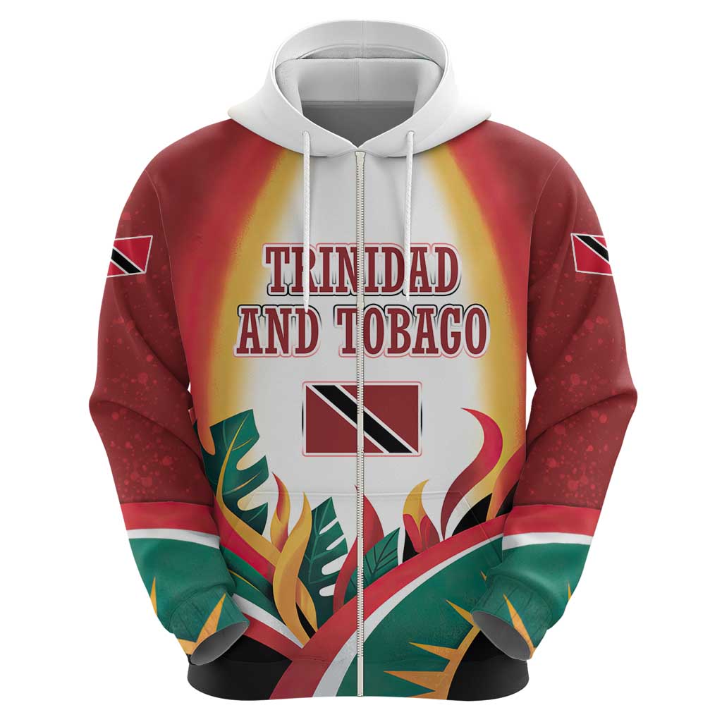 Trinidad and Tobago Scarlet Ibis Zip Hoodie with Tropical Leaves and National Flag Design TS04