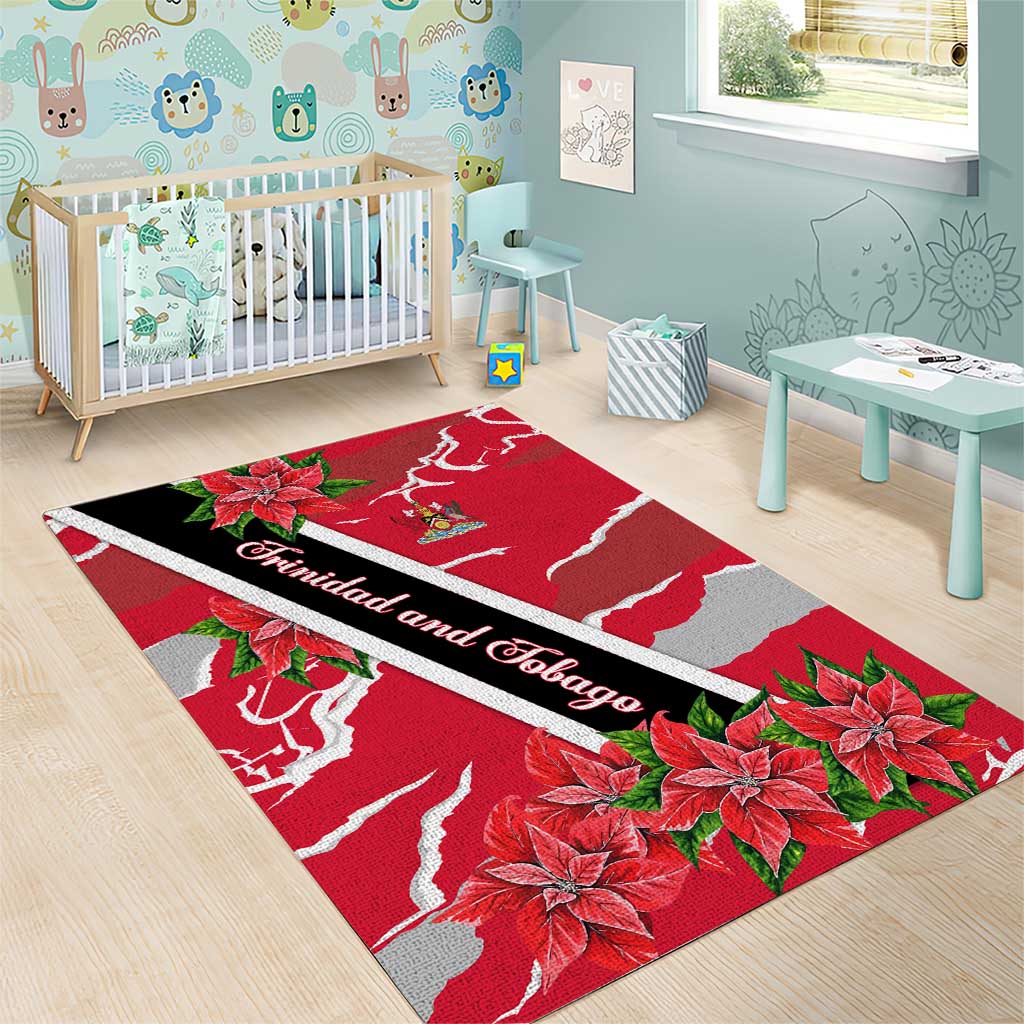 Trinidad and Tobago Red Poinsettia Area Rug with National Crest and Diagonal Flag Sash Design - Wonder Print Shop