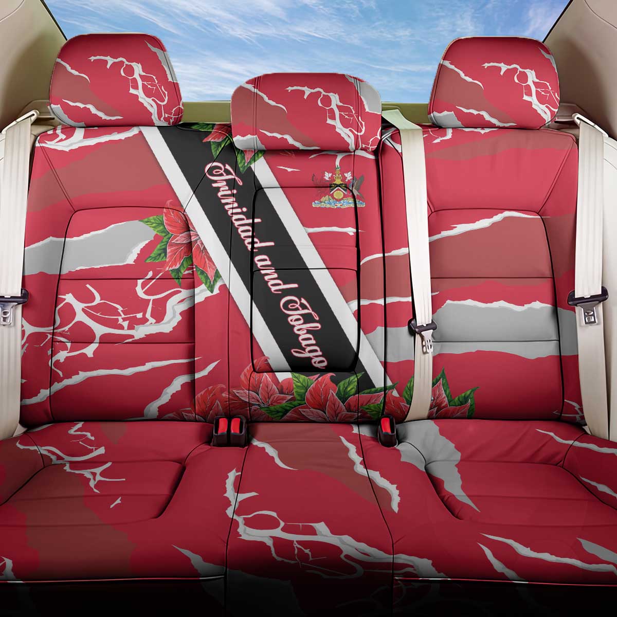 Trinidad and Tobago Red Poinsettia Back Car Seat Cover with National Crest and Diagonal Flag Sash Design - Wonder Print Shop
