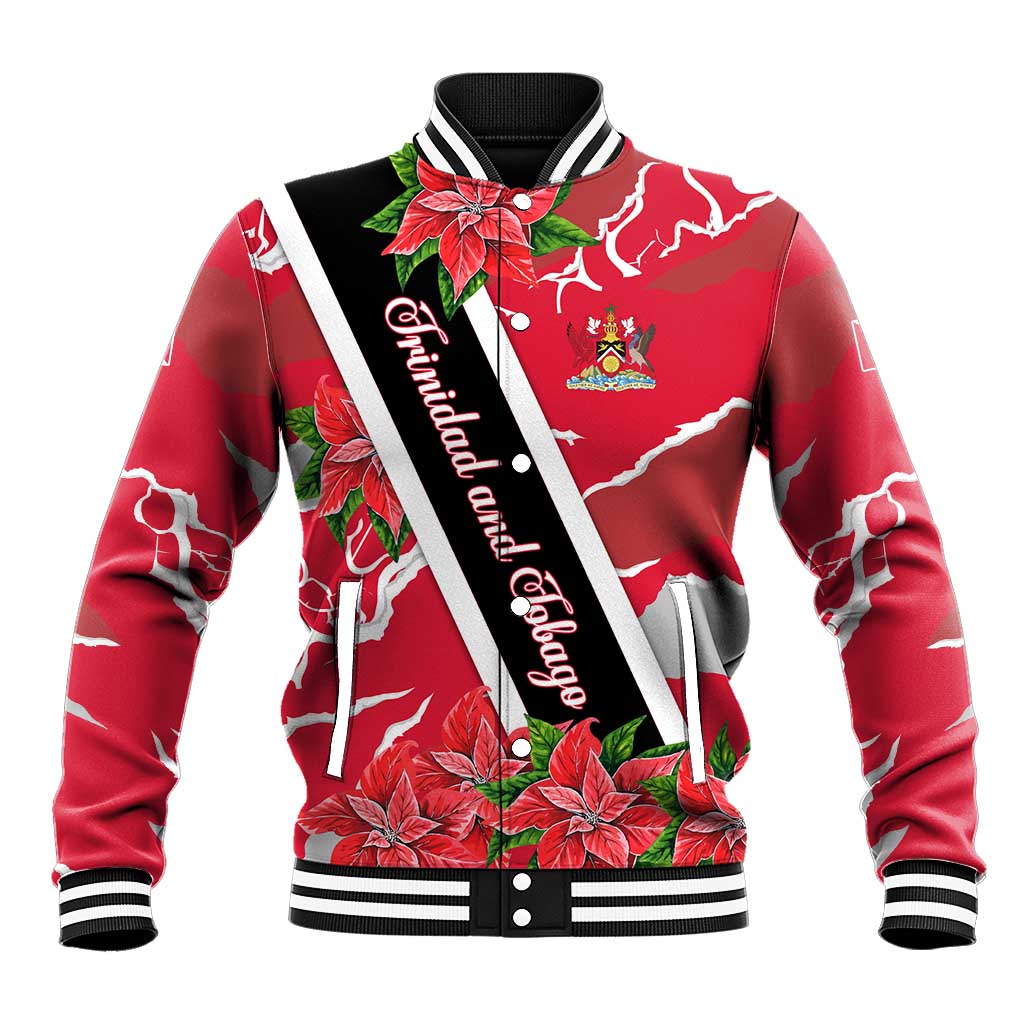 Trinidad and Tobago Red Poinsettia Baseball Jacket with National Crest and Diagonal Flag Sash Design - Wonder Print Shop