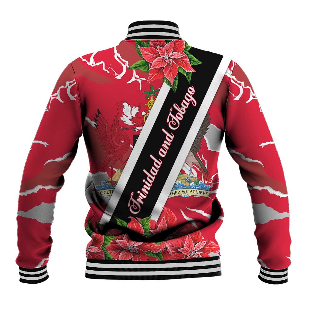 Trinidad and Tobago Red Poinsettia Baseball Jacket with National Crest and Diagonal Flag Sash Design - Wonder Print Shop
