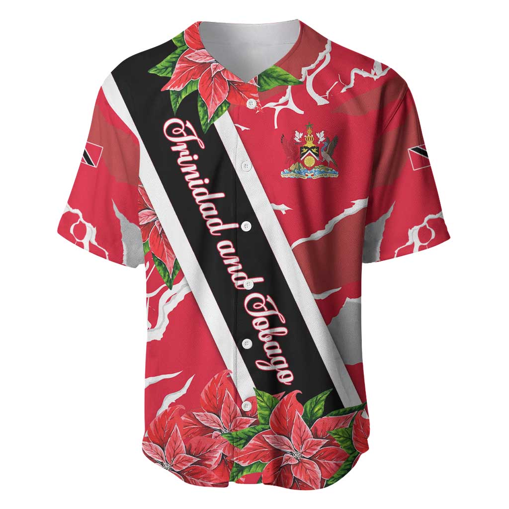 Trinidad and Tobago Red Poinsettia Baseball Jersey with National Crest and Diagonal Flag Sash Design - Wonder Print Shop