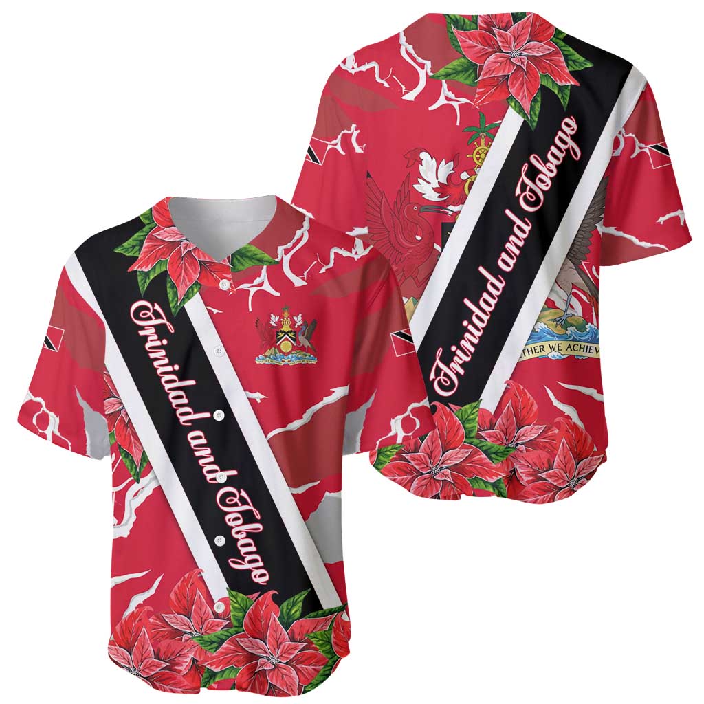 Trinidad and Tobago Red Poinsettia Baseball Jersey with National Crest and Diagonal Flag Sash Design - Wonder Print Shop