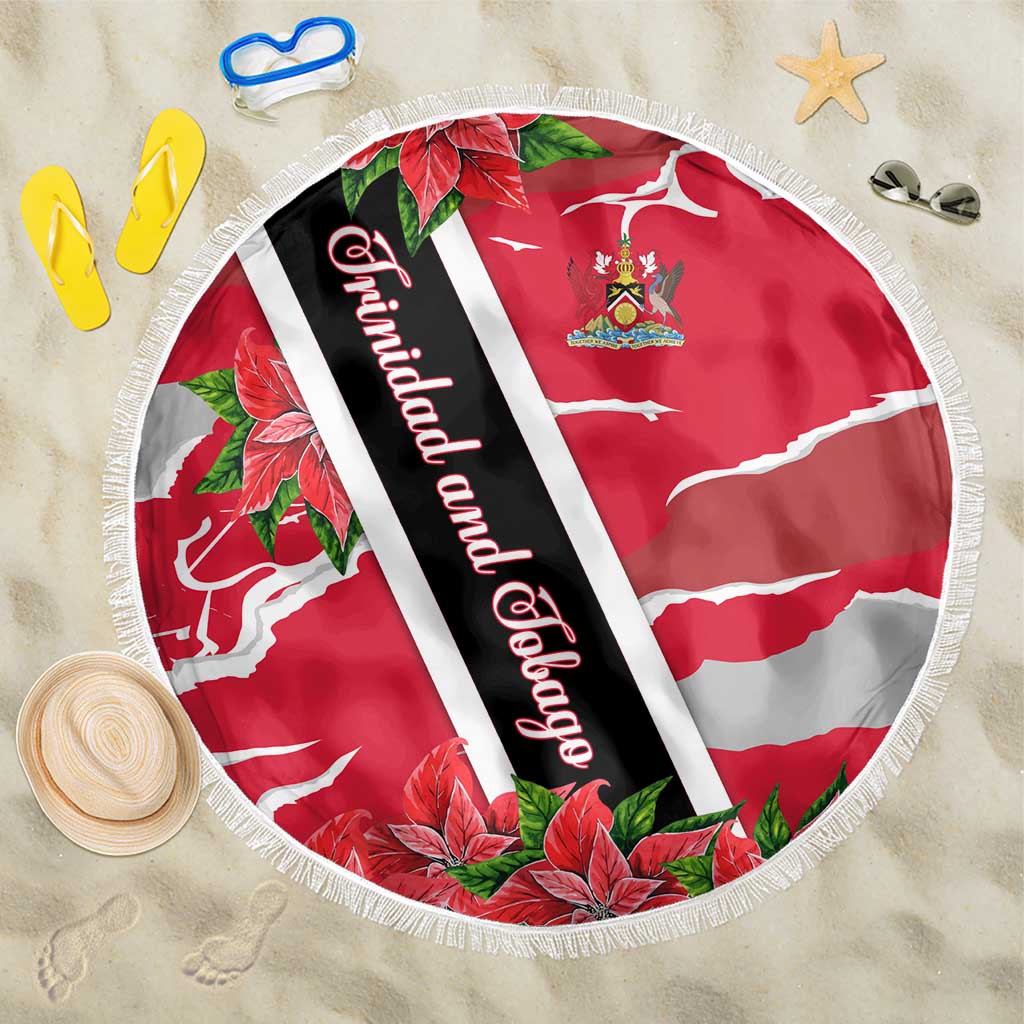 Trinidad and Tobago Red Poinsettia Beach Blanket with National Crest and Diagonal Flag Sash Design - Wonder Print Shop