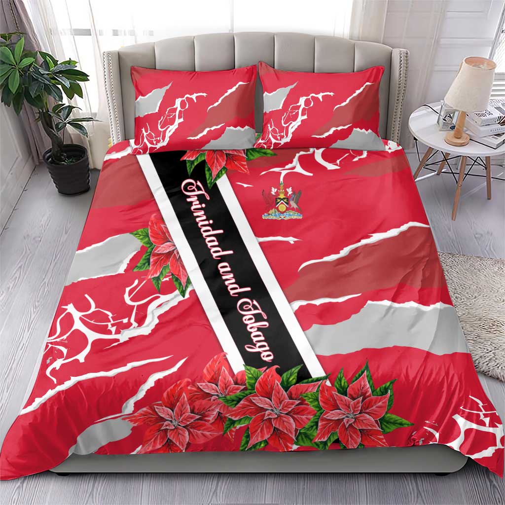 Trinidad and Tobago Red Poinsettia Bedding Set with National Crest and Diagonal Flag Sash Design - Wonder Print Shop